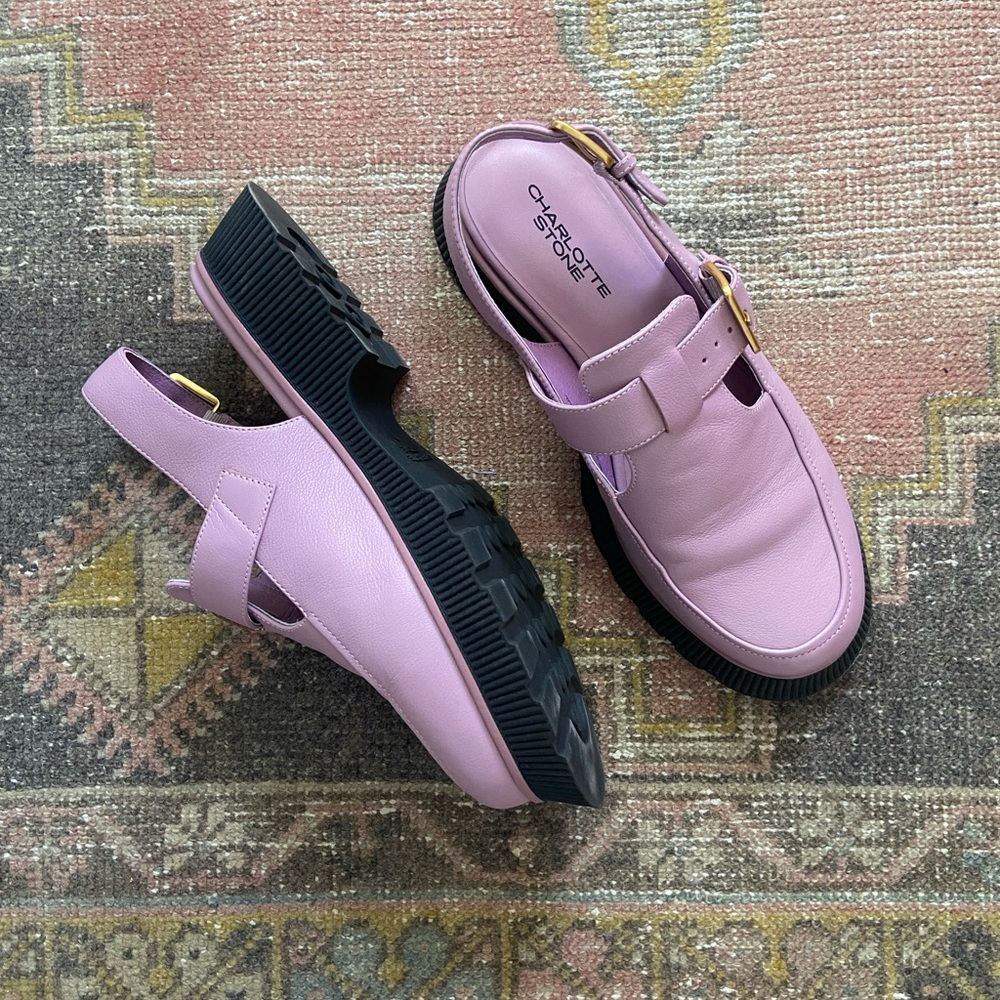 Charlotte Stone Aubrey Violet Leather Slingback Mules with Gold Buckles - Picture 3 of 5